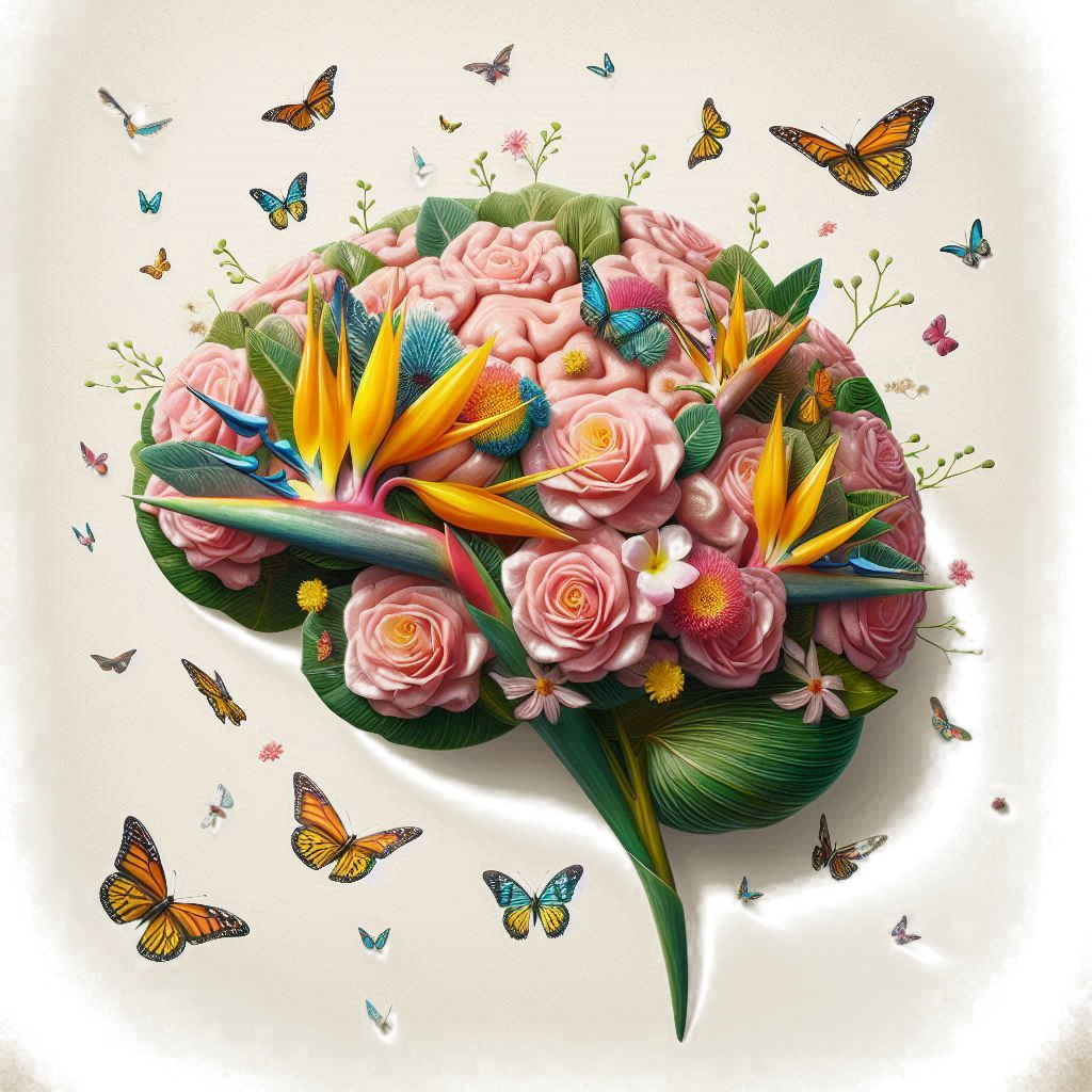 Un cerveau composé de roses et de fleurs tropicales, entouré de papillons.