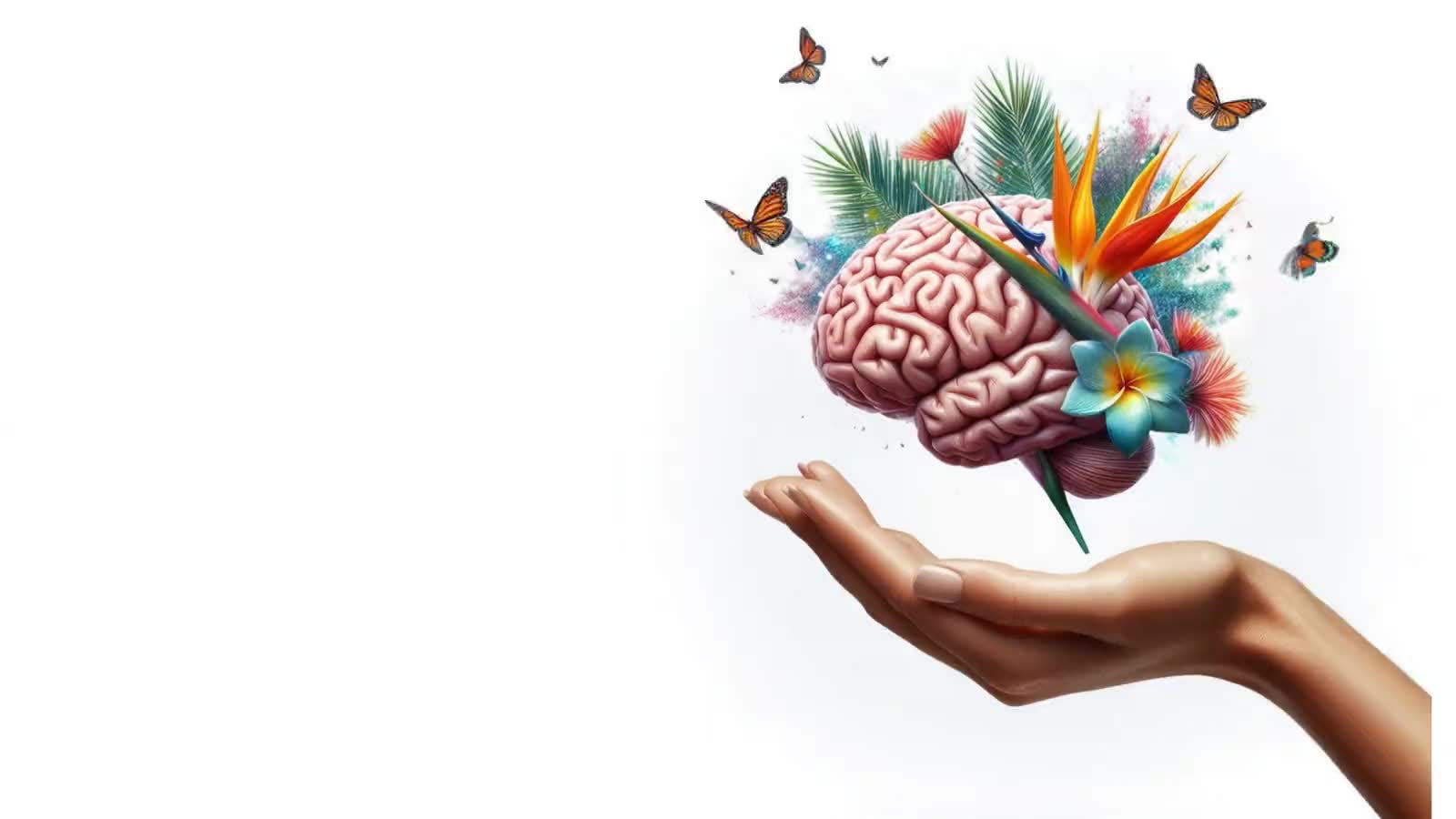 Un cerveau en fleurs de strelitzia, tenu au creux d’une main, entouré de papillons.